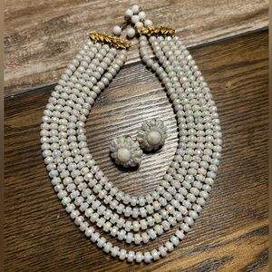 Vtg Castlecliff 5 Strand Pearl Glass Bead Bib Necklace & Earrings